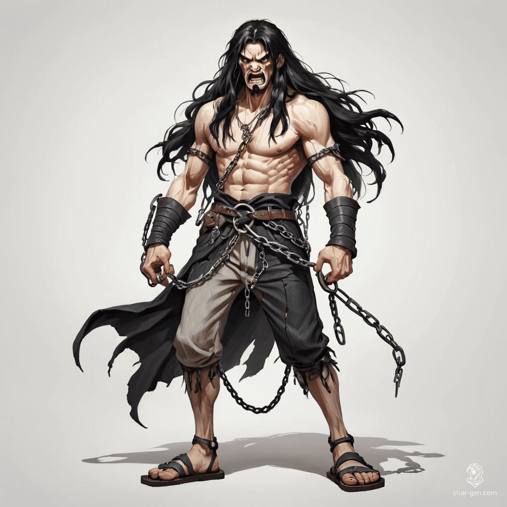 A gaunt, medieval prisoner looms tall and fierce, his long black hair cascading over a ragged form. Clad in tattered garments and leather sandals, he grips a heavy chain, his angry expression hinting at a fierce spirit unbroken by captivity. A figure of raw defiance against despair.