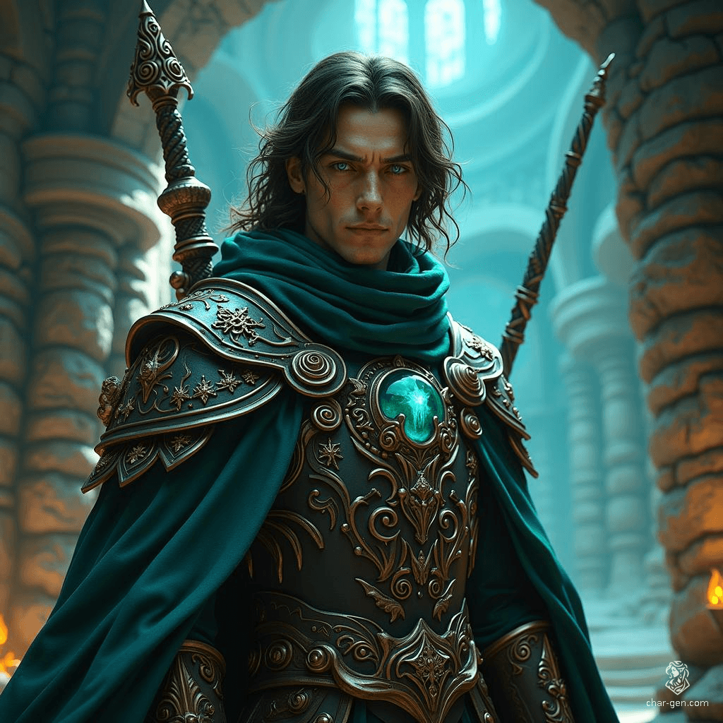 Eliseo Alboresi, a 22-year-old human wizard, stands tall at 6'0" with olive skin and deep espresso hair. Clad in enchanted garments marked by arcane sigils, he wields a sleek wand with a strong grip. Driven by self-improvement, he seeks profound answers, often complicating simple solutions.