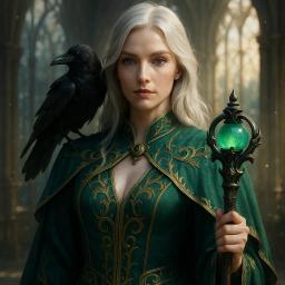 A commanding platinum-blonde sorceress with piercing violet eyes, draped in an emerald-and-gold robe adorned with intricate filigree. She wields an ornate obsidian staff crowned by a swirling jade orb, her raven companion perched sharply on her shoulder, set against a sunlit gothic atrium.