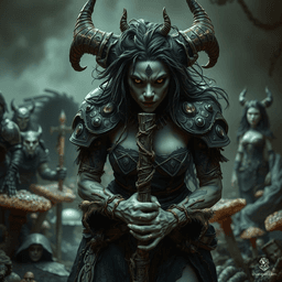 Lilith Valmoira, a wise and intelligent tiefling druid, possesses green skin, horns, and a long tail. Abandoned at birth, she found solace in nature, wielding a nature staff adorned with twigs and wearing detailed hides. She connects deeply with earthy elements and animal companions, embracing her role in the misty forests of Barovia.