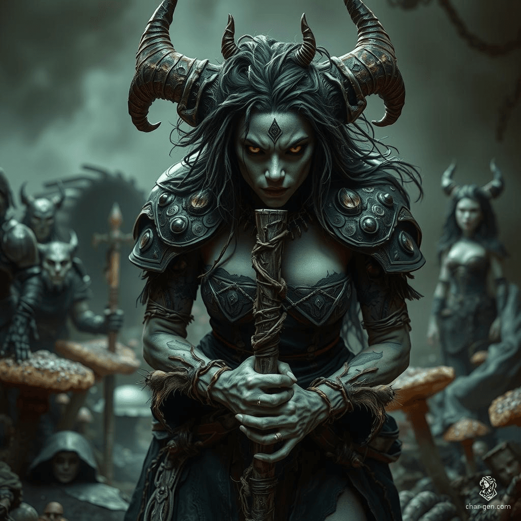 Lilith Valmoira, a wise and intelligent tiefling druid, possesses green skin, horns, and a long tail. Abandoned at birth, she found solace in nature, wielding a nature staff adorned with twigs and wearing detailed hides. She connects deeply with earthy elements and animal companions, embracing her role in the misty forests of Barovia.