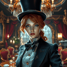 In a mesmerizing fantasy realm, a 22-year-old female with copper hair dons a sleek tuxedo and top hat. She stands amidst an enchanting forest, bathed in golden twilight, where luminescent flora and shimmering streams create a backdrop of ethereal beauty.