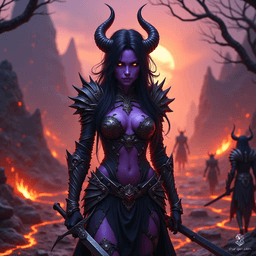 Criella The Fallen, a cunning half-human tiefling warlock, stands at 6 feet tall with striking purple skin and jet-black hair. Dagger in hand, she radiates arcane power, charming yet chaotic. A product of a harsh mentor, she fiercely values her independence but won’t hesitate to flee when danger looms.