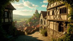 Nestled at the forest's edge, a quaint medieval town bursts with life. Its rustic stone and timber buildings rise against gentle hills, while cobblestone pathways weave through the vibrant greenery. Bathed in soft afternoon light, the serene atmosphere is accentuated by a slightly cloudy sky, inviting exploration and wonder.