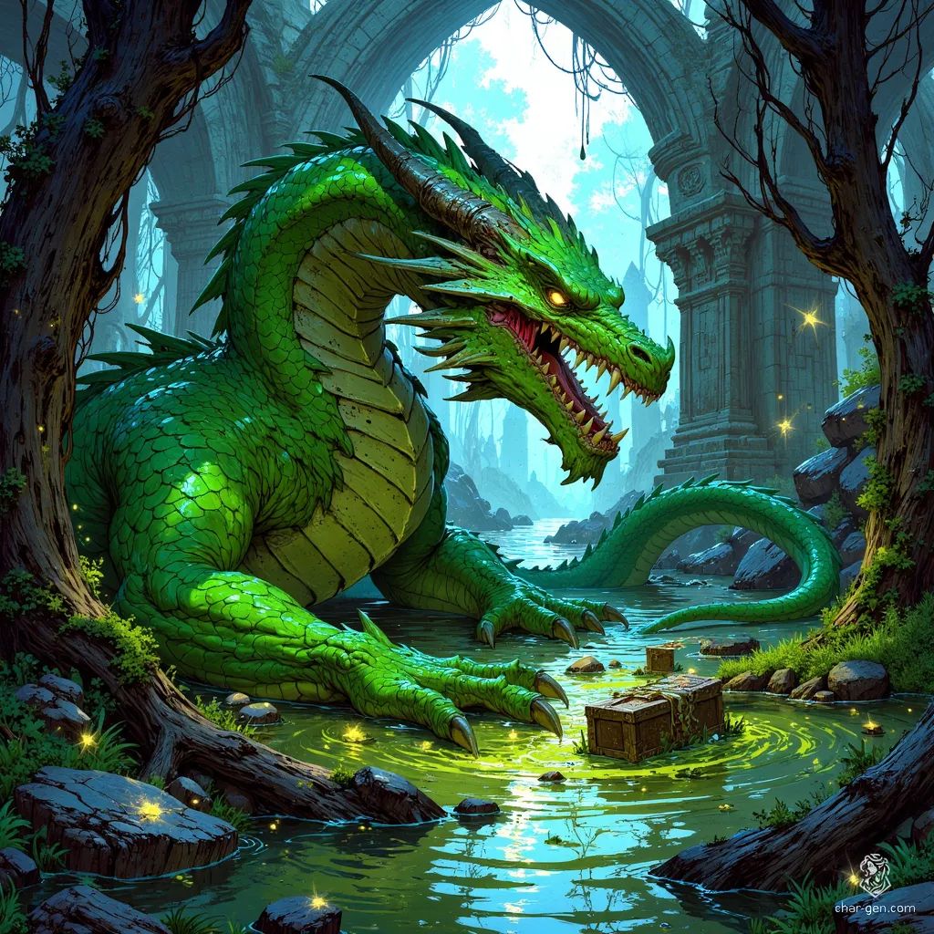 In a shadowy swamp, a massive green dragon lies coiled around a treasure hoard, its emerald scales shimmering amid the murky waters. With piercing yellow eyes and an air of menace, it reigns over the misty lair, where bioluminescent fungi illuminate ancient, vine-entwined ruins, warning intruders of hidden perils.