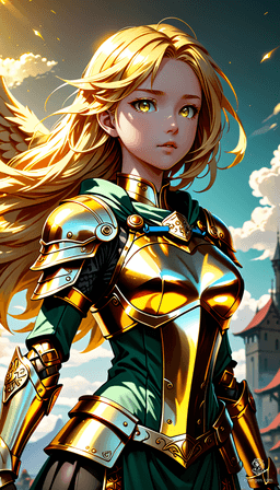 Sigarda is a stunning female angel, adorned in intricate green and gold armor. Her radiant golden hair and glowing gold eyes add to her ethereal beauty. Floating gracefully in a dynamic pose against a vibrant sky, she embodies both strength and serenity, captured in breathtaking UHD detail.