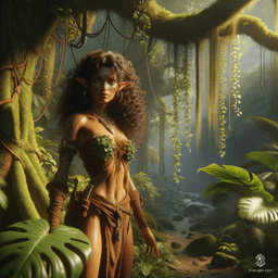 Meet Kaela, a fierce half-elf barbarian with rugged charm. Her curly hair frames a face marked by sun-kissed, tan skin, embodying both elegance and untamed wildness. Clad in a simple loincloth, she roams the wilderness, a force of nature ready to battle for her freedom and kin.