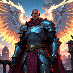 A striking paladin stands on a balcony, his scarred, bald head contrasting with radiant golden eyes. Clad in ornate silver armor and adorned with large, majestic white wings, he gazes determinedly over a medieval city, embodying strength and nobility against a vibrant twilight backdrop.