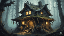 In a dark, enchanted forest cloaked in dense fog, Baba Yaga’s hut perches on spindly, scaly chicken legs, with gnarled joints and moss-covered, warped wooden walls. Glowing runes flicker on the hut's surface, surrounded by towering, twisted trees and luminescent mushrooms, emanating an eerie, otherworldly atmosphere.