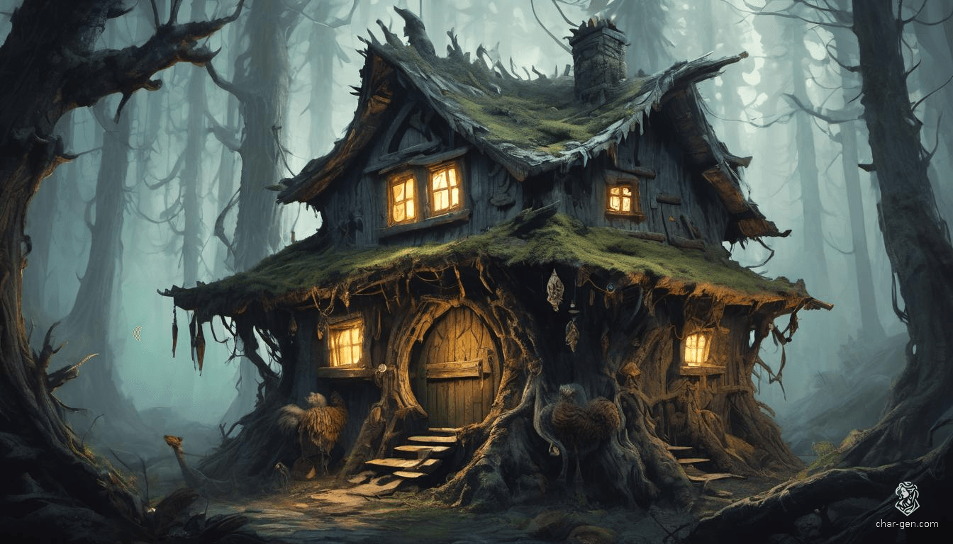 In a dark, enchanted forest cloaked in dense fog, Baba Yaga’s hut perches on spindly, scaly chicken legs, with gnarled joints and moss-covered, warped wooden walls. Glowing runes flicker on the hut's surface, surrounded by towering, twisted trees and luminescent mushrooms, emanating an eerie, otherworldly atmosphere.