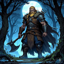 Valdyr, a towering Nordic warrior, stalks through a dark, fog-laden forest, his fur-lined armor etched with ancient runes. Armed with a massive axe pulsating with magical light, his fierce blue eyes pierce the gloom, embodying strength and determination as he hunts a lurking beast.