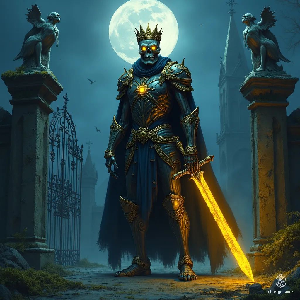 An animated skeleton warrior clad in dark gold cuirass armor and boots, crowned with a golden crown. Its sparkling yellow eyes blaze beneath the moonlight, wielding a bright yellow glowing two-handed broadsword. Set in a dark cemetery, the cinematic scene glows with dim blue light and sharp shadows.