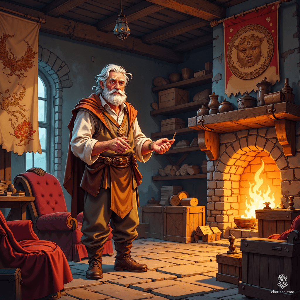 An elderly male merchant, with silver-streaked hair and keen, sharp eyes, navigates a bustling market filled with crates and scrolls. Surrounded by detailed maps and ledgers, he skillfully barters exotic goods from distant lands, embodying the wisdom and shrewdness of years spent in trade.