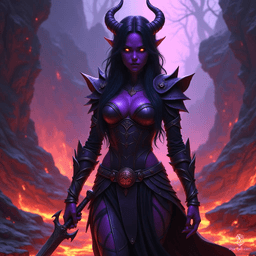 Criella The Fallen is a 32-year-old tiefling warlock with striking purple skin and yellow eyes. Standing at 6 feet tall, she possesses devil-like features, including horns and a long tail. Charismatic and cunning, she wields a dagger and wears intricately detailed leather armor, embodying independence and chaotic charm, while harboring a complex past with her mentor.