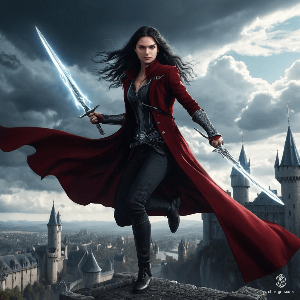 A striking female with light skin and long, jet-black hair. Her glowing silver eyes contrast sharply with her electrified dual blade. She dons an open dark red suit coat over an undershirt and dark pants, exuding an air of both elegance and danger.