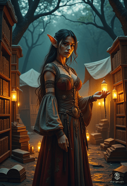 A captivating half-elf sorceress, she possesses olive skin, dark eyes, and flowing black hair. Clad in chic, corseted attire adorned with traditional Arab patterns, her aura sparkles with arcane magic. As a librarian among towering shelves, she safeguards ancient knowledge while weaving powerful spells.