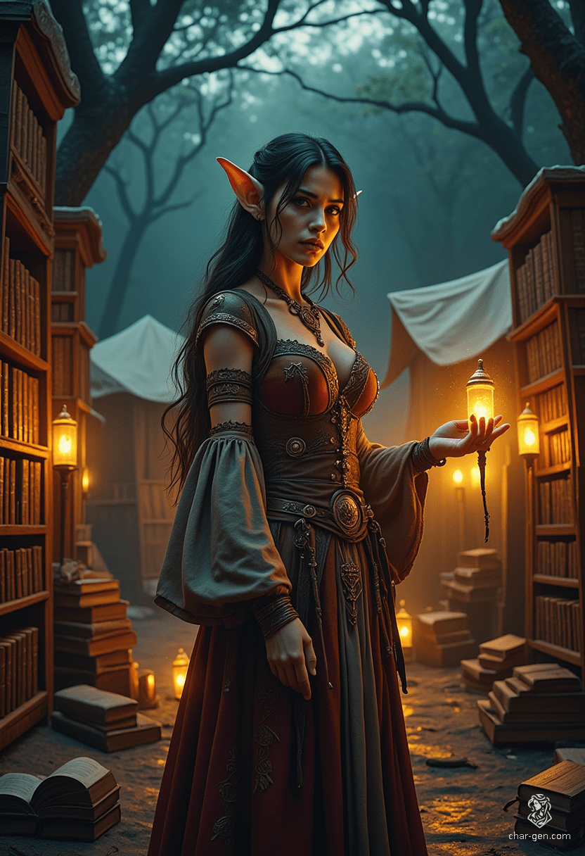 A captivating half-elf sorceress, she possesses olive skin, dark eyes, and flowing black hair. Clad in chic, corseted attire adorned with traditional Arab patterns, her aura sparkles with arcane magic. As a librarian among towering shelves, she safeguards ancient knowledge while weaving powerful spells.
