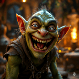 In a cluttered treasure-laden lair, a goblin bursts into laughter, his mischievous eyes sparkling with delight. Detailed warts and scars adorn his green-brown skin, while his sharp teeth and forked tongue further accentuate his exuberance. Illuminated by flickering torchlight, he epitomizes the joy of a successful prank, inviting viewers to share in his moment of triumph.