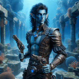 Meet Elarin, a brilliant male sea elf artificer. Adorned with intricate goggles and mechanical devices, his light skin contrasts with his jet-black hair. Equipped with two revolvers and half-plate armor, Elarin deftly navigates the depths of the ocean, his webbed fingers and gills aiding in his aquatic craft.