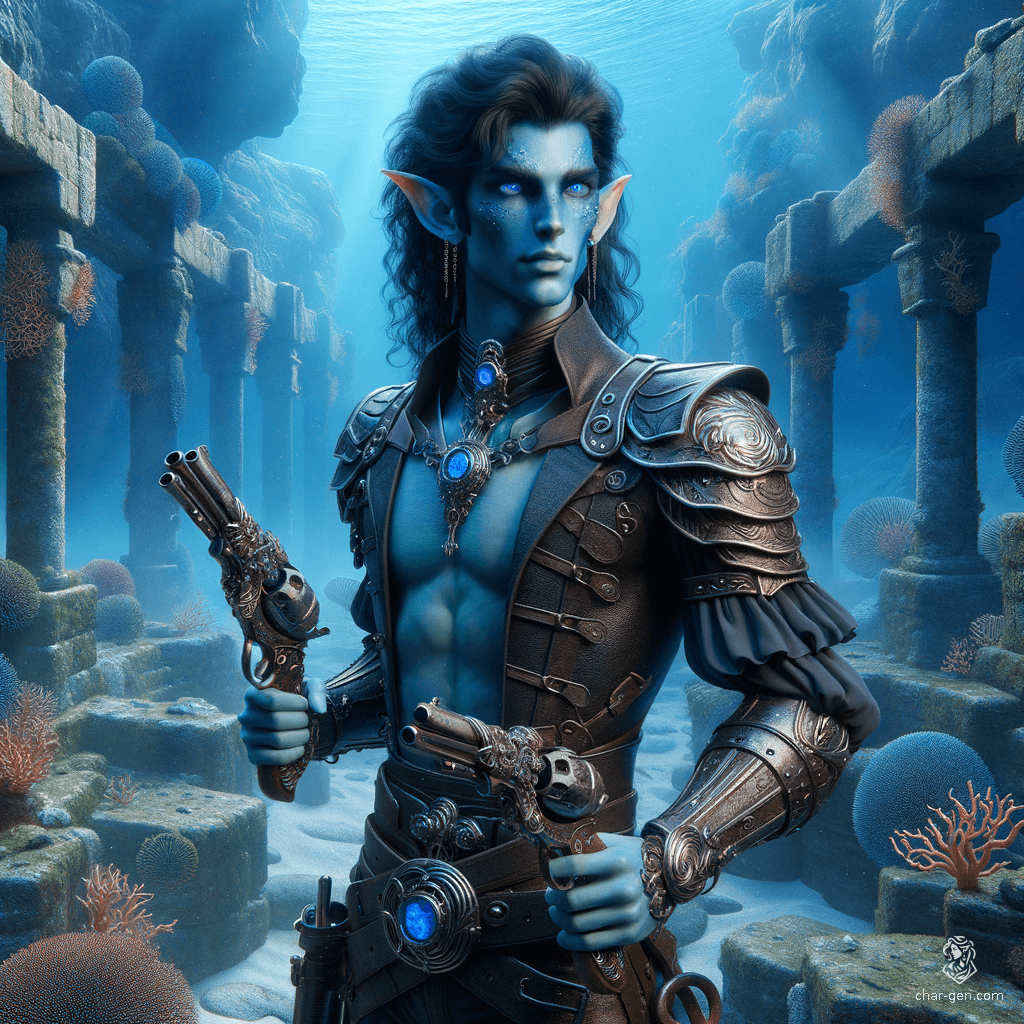 Meet Elarin, a brilliant male sea elf artificer. Adorned with intricate goggles and mechanical devices, his light skin contrasts with his jet-black hair. Equipped with two revolvers and half-plate armor, Elarin deftly navigates the depths of the ocean, his webbed fingers and gills aiding in his aquatic craft.