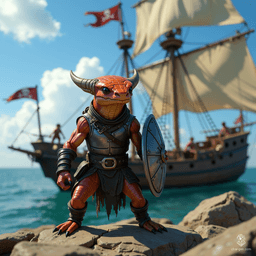 Luna is a muscular half-kobold, half-goloma fighter, donning a shiny steel breastplate and raising a formidable shield. With eight spider-like eyes and copper scales that gleam, this fluid-gendered warrior stands ready to defend against threats, embodying confidence and cunning in every move.