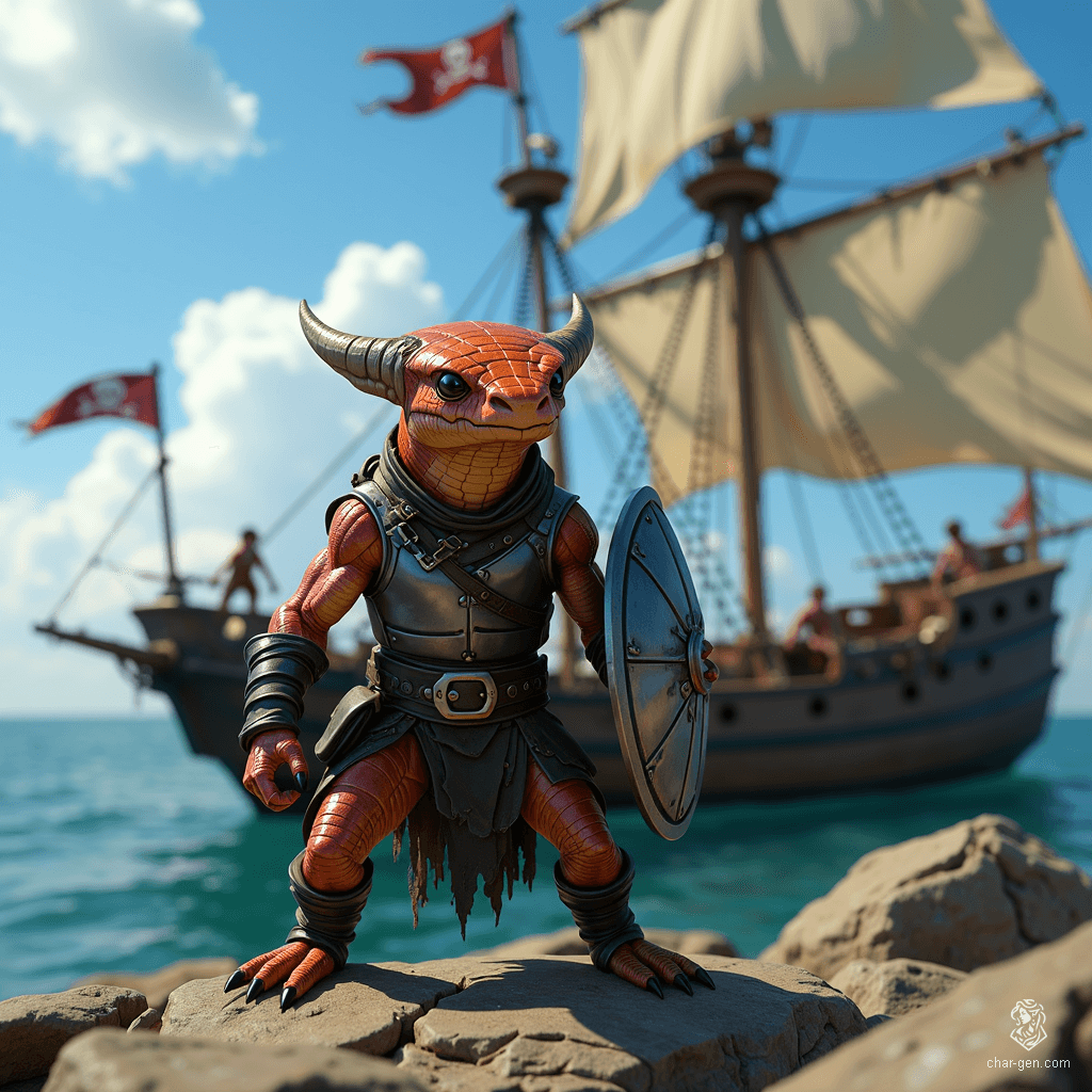 Luna is a muscular half-kobold, half-goloma fighter, donning a shiny steel breastplate and raising a formidable shield. With eight spider-like eyes and copper scales that gleam, this fluid-gendered warrior stands ready to defend against threats, embodying confidence and cunning in every move.