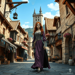 In a vibrant medieval town, cobblestone streets meander through timbered houses, their ivy-clad facades bathed in golden sunlight. A young woman with flowing copper hair, clad in an exquisite purple dress, gracefully strolls, her presence a captivating blend of elegance and timeless beauty.