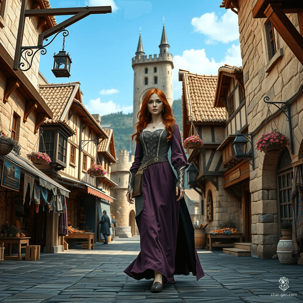 In a vibrant medieval town, cobblestone streets meander through timbered houses, their ivy-clad facades bathed in golden sunlight. A young woman with flowing copper hair, clad in an exquisite purple dress, gracefully strolls, her presence a captivating blend of elegance and timeless beauty.