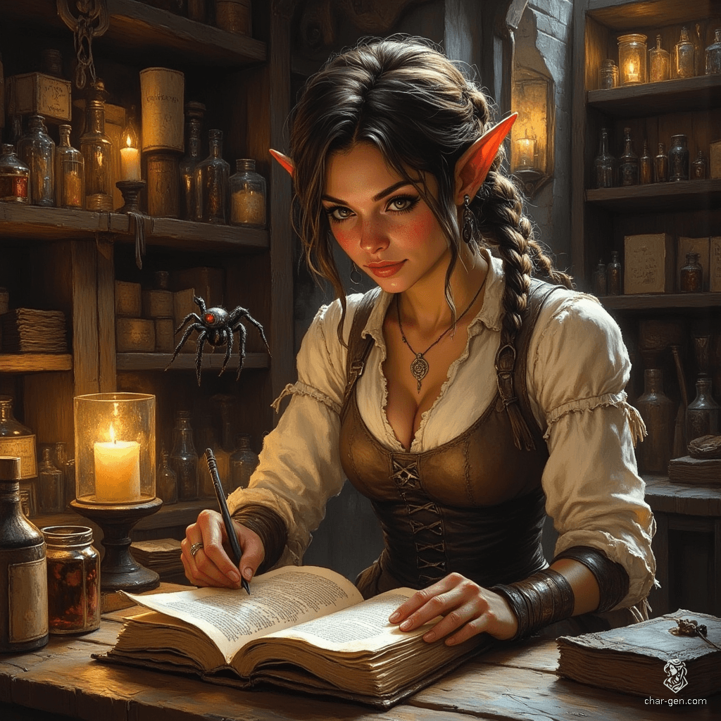 Maryam is a wise and playful elven forensic medicine investigator, with tanned skin and soft wrinkles accentuating her charm. Her tea-colored hair flows in a loose ponytail, framing inquisitive topaz eyes. Clad in practical renaissance-inspired attire, she immerses herself in witchcraft, assisted by her ghostly spider familiar, radiating competence and curiosity in her cozy, mystical alchemical lab.