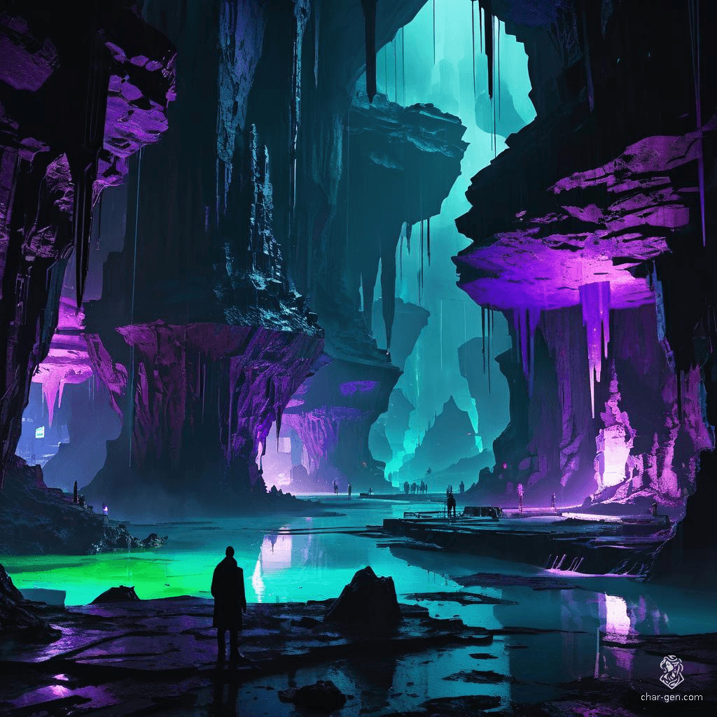 In a dark, moody cavern lit by neon purple, green, and blue hues, amethyst diodes flicker in high contrast. Sleek cybernetic designs blend with dripping stalactites and jagged stalagmites, while rain-soaked street echoes and vibrant water pools create a hauntingly futuristic ambiance.