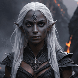 A serene and fluid dark elf monk, with striking tan-grey skin and contrasting bright white, long hair. Her calm expression and toned physique are complemented by deep purple eyes. A poised and disciplined female warrior.