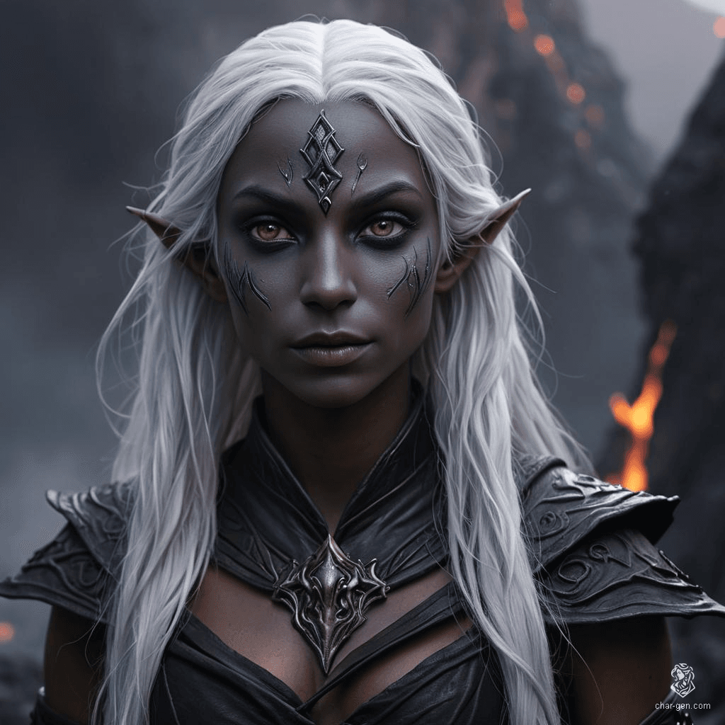 A serene and fluid dark elf monk, with striking tan-grey skin and contrasting bright white, long hair. Her calm expression and toned physique are complemented by deep purple eyes. A poised and disciplined female warrior.