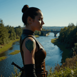 Izzy, a newly emancipated halfling assassin, is a cunning 1.5-meter crossbow specialist with striking solid yellow-green eyes. Clad in tight brown leather, her bare arms reveal shimmering green scales. Exuding confidence and malice, she blends beauty with danger, lurking in shadows, ready to pounce on her prey.