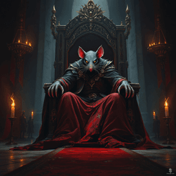 The Ratlord, a cunning male humanoid rat, reigns from a grand throne in his dim Transylvanian castle. Clad in tattered regal robes, with glistening eyes and sharp claws, he embodies menace amidst gothic architecture and flickering torches, commanding shadows that whisper of dread.