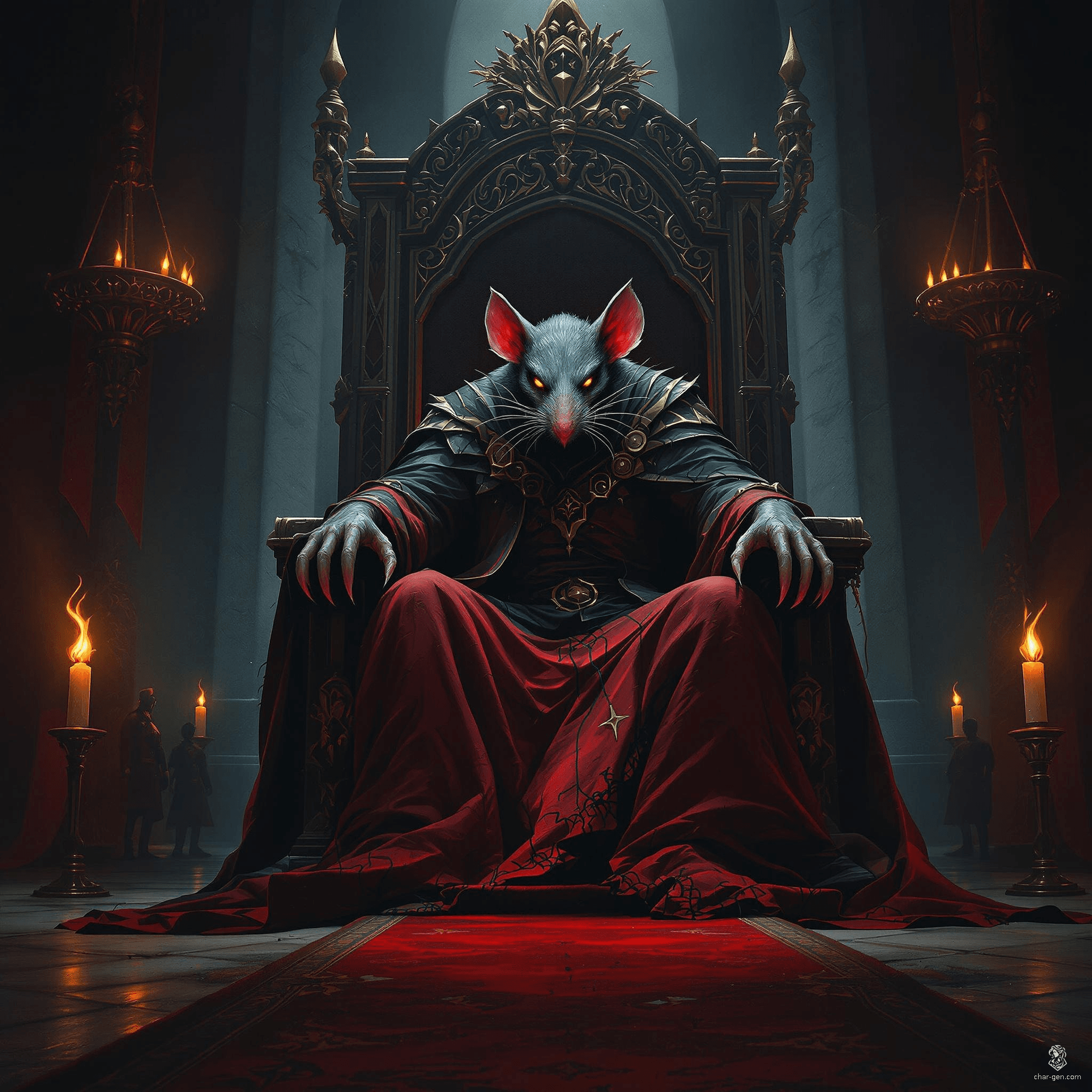 The Ratlord, a cunning male humanoid rat, reigns from a grand throne in his dim Transylvanian castle. Clad in tattered regal robes, with glistening eyes and sharp claws, he embodies menace amidst gothic architecture and flickering torches, commanding shadows that whisper of dread.