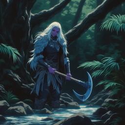 A wild and rugged female drow elf barbarian, she stands out with striking light purple skin and flowing pure white hair. Dressed in fur armor, her laughter echoes as she swings a formidable two-handed axe. A skilled hunter, she traverses forests and mountains with ease.