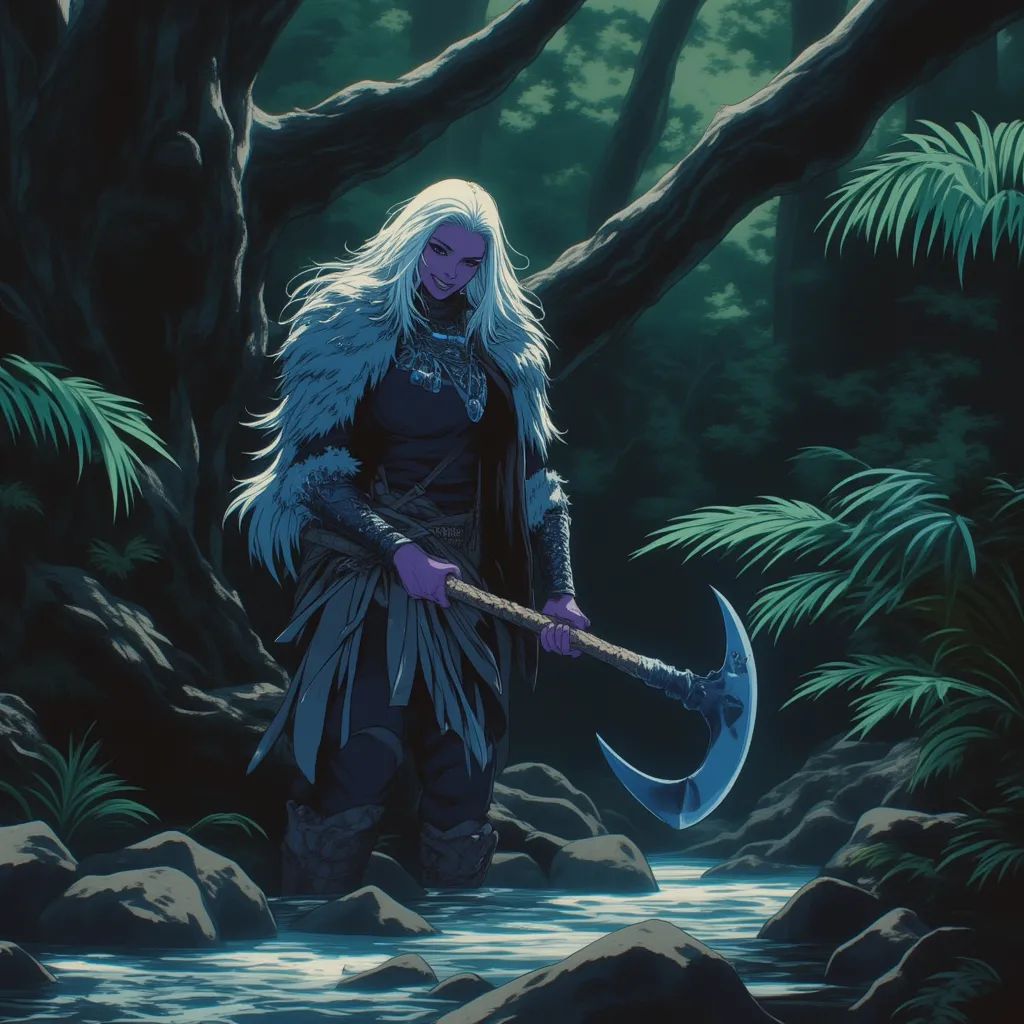 A wild and rugged female drow elf barbarian, she stands out with striking light purple skin and flowing pure white hair. Dressed in fur armor, her laughter echoes as she swings a formidable two-handed axe. A skilled hunter, she traverses forests and mountains with ease.