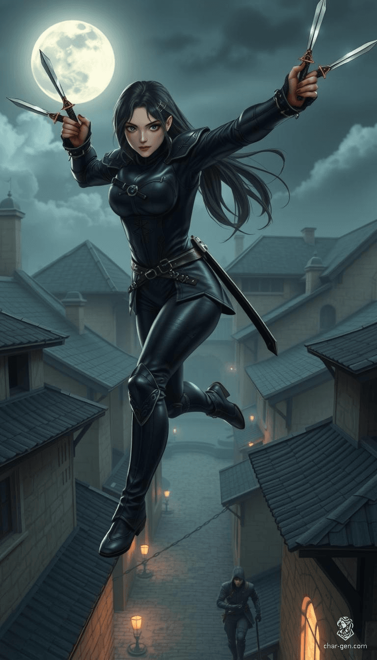 A stealthy female assassin in skintight matte black leather armor mid-leap across medieval castle town rooftops. Twin daggers gleam under a moonlit sky. Her athletic form, highlighted by distant torchlight, and raven ponytail blend seamlessly into shadows. The medieval architecture and echoing footsteps enhance the scene's authentic tension.