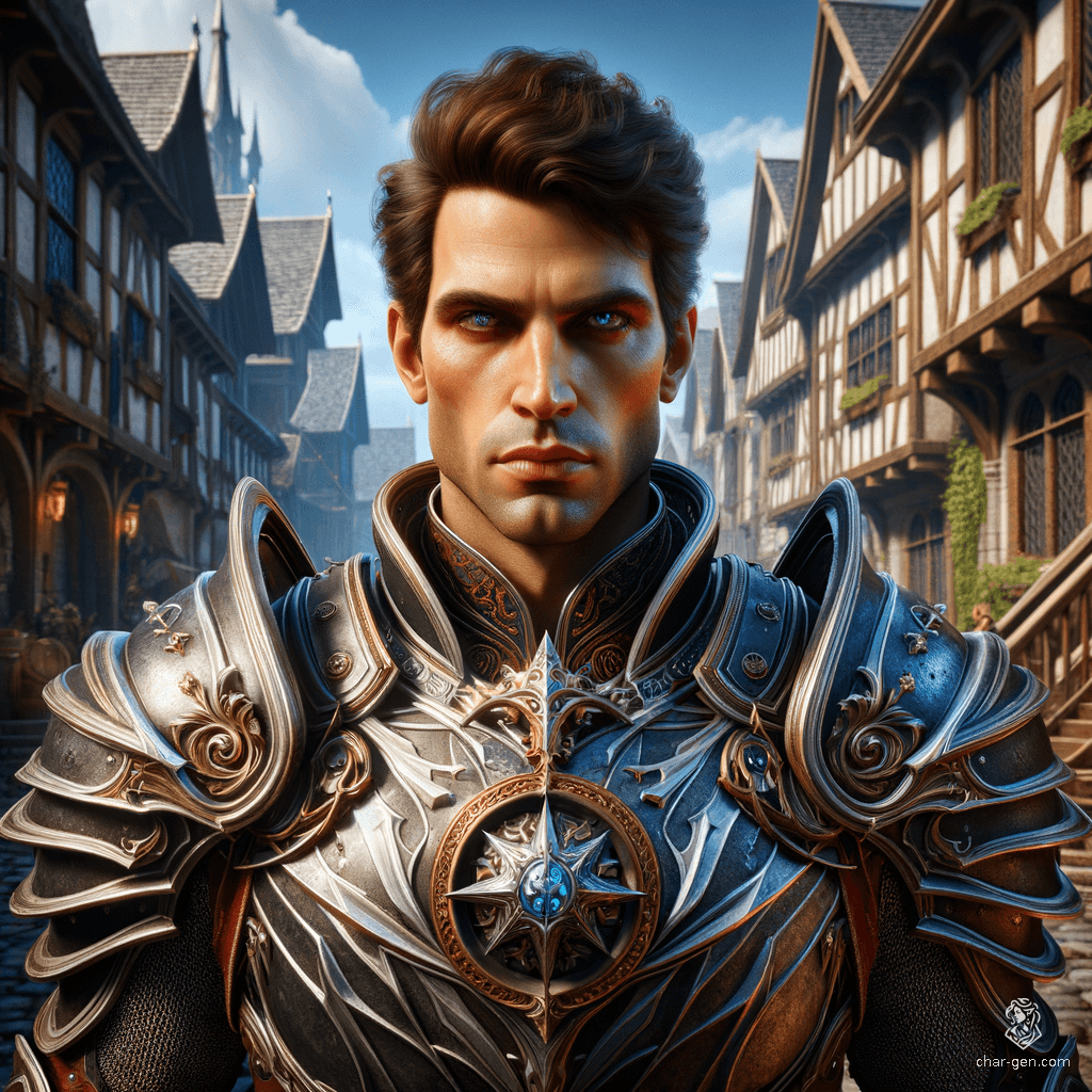 Marcus Thorne, a 25-year-old human paladin with a dignified aura, stands 6'4" with fair skin, blue eyes, and deep espresso-brown hair. He wields a longsword and carries an intricately detailed shield. Once a loyal knight, he now emanates an unsettling, demonic presence.