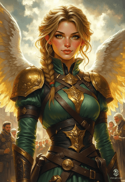 A striking portrait of a Sigarda, a radiant female angel adorned in green and gold armor. With flowing golden hair, glowing solid gold eyes, and pale skin, she floats gracefully against a vibrant sky. The dynamic lighting and rich colors create a stunning, otherworldly presence.
