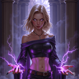 A fierce young Sith apprentice with shoulder-length golden hair and white eyes stands in a dark temple, surrounded by crackling purple lightning. Her muscled abs and glaring look intimidate, with black fingernails sparking electricity. She wears a black and purple leather crop top, radiating raw power and menace.