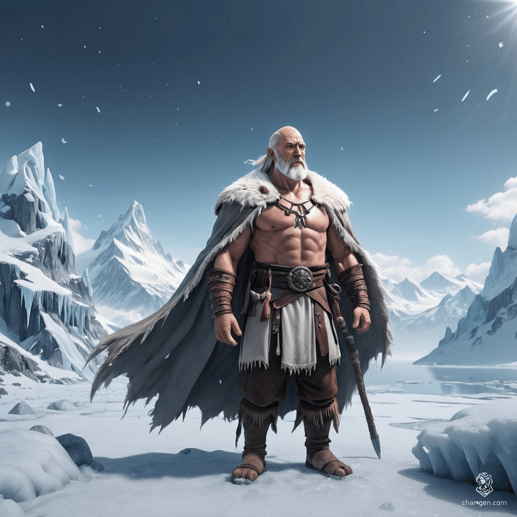 Elder Chief Grimbold, a burly barbarian in his 60s, commands respect with his fierce demeanor and wild spirit. His balding head and pale white beard contrast sharply with his rugged, fur-lined cloak, marking him as a formidable leader in his humble village.