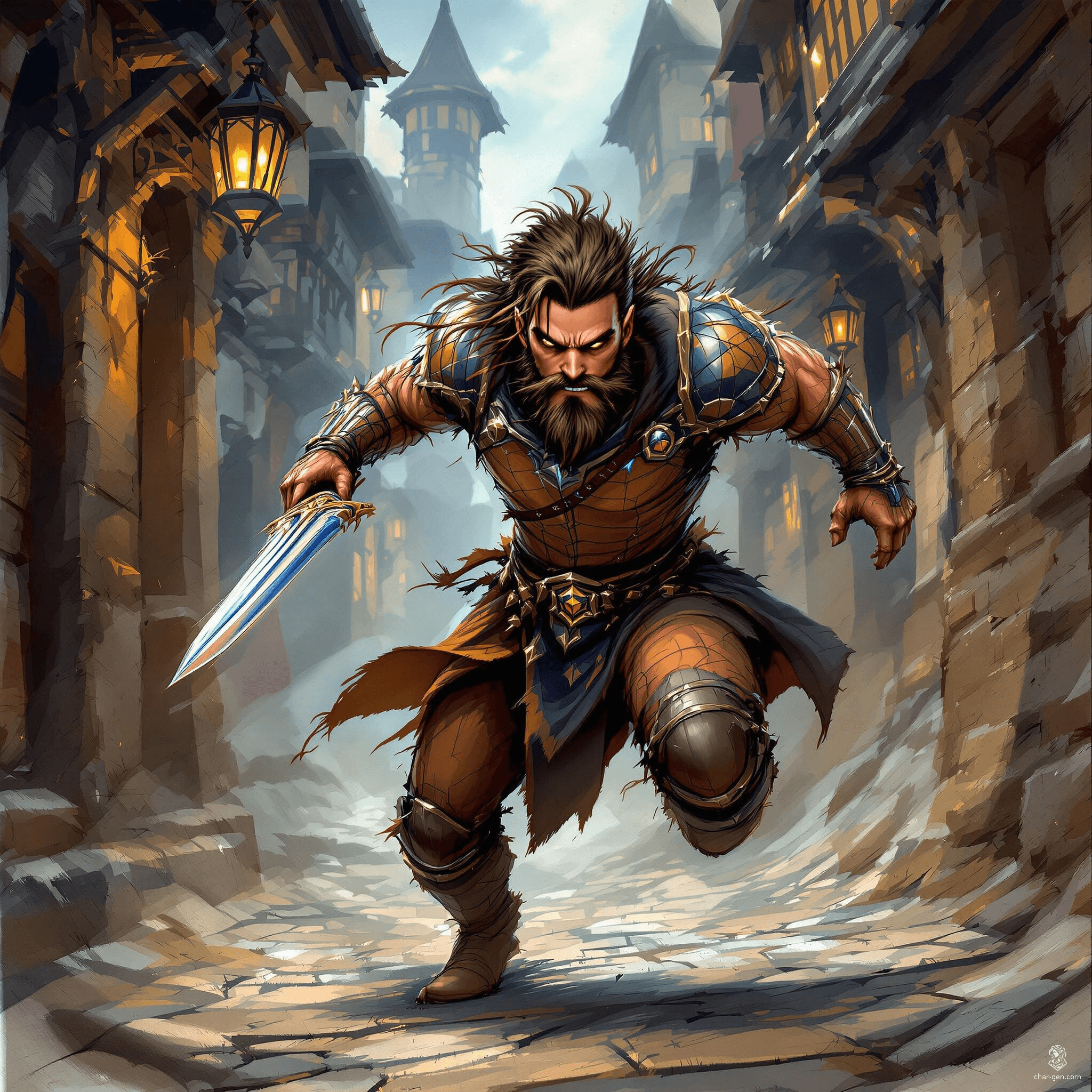 Korin Mayfaire, a nimble 30-year-old rogue sorcerer, blends stealth and magic effortlessly. With hazelnut eyes and curly brown hair, he dons intricately detailed leather armor in earthy tones. Armed with a rapier and a profound respect for life, he protects his community from dark forces, seeking knowledge at every turn.