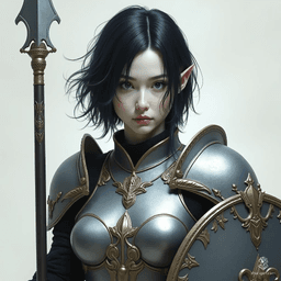 A formidable female shadar kai elf, she boasts short raven black hair and milky white skin, her coal-black eyes piercing through the darkness. Clad in gleaming silver full plate armor, she wields a spear and shield, embodying elegance and strength in battle.