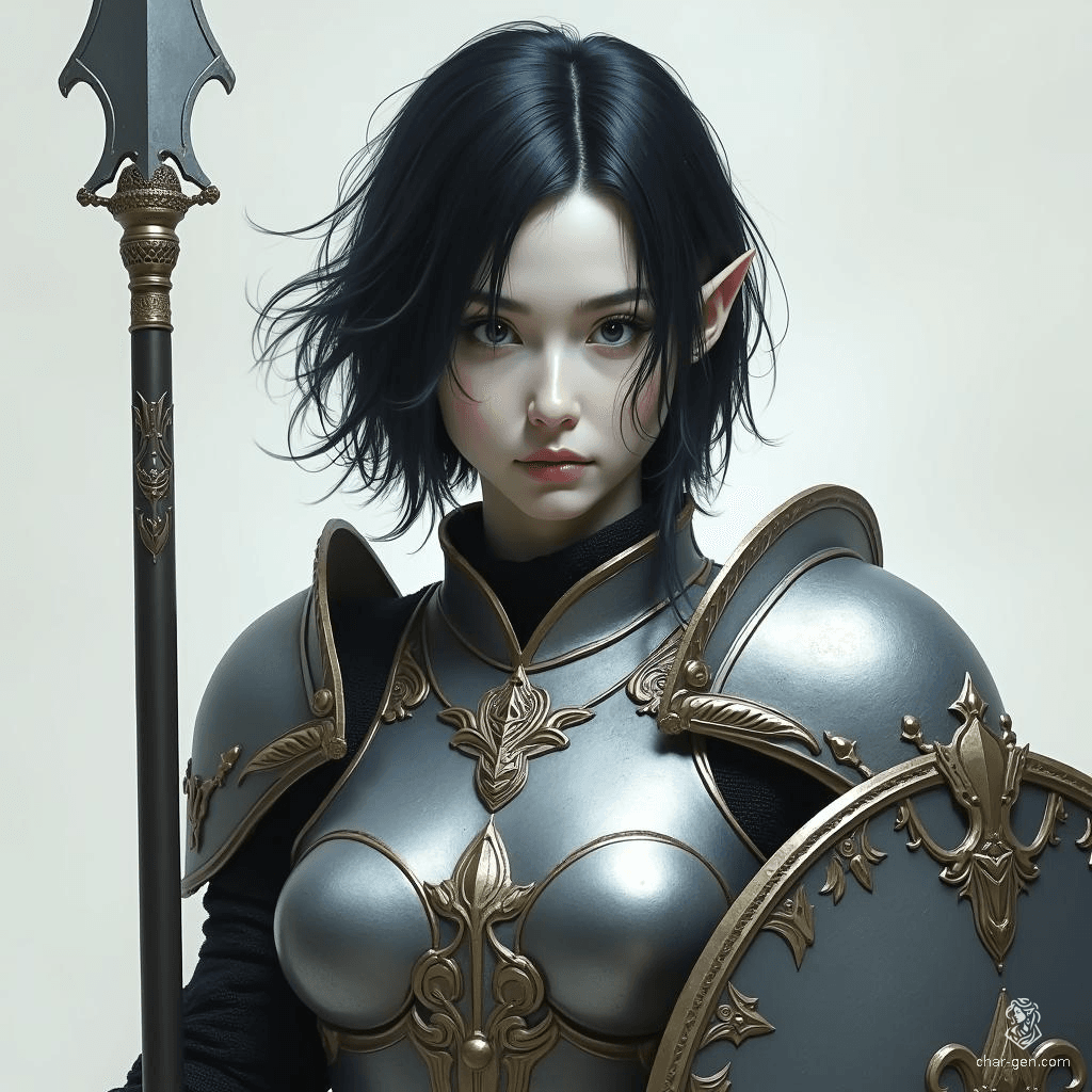 A formidable female shadar kai elf, she boasts short raven black hair and milky white skin, her coal-black eyes piercing through the darkness. Clad in gleaming silver full plate armor, she wields a spear and shield, embodying elegance and strength in battle.