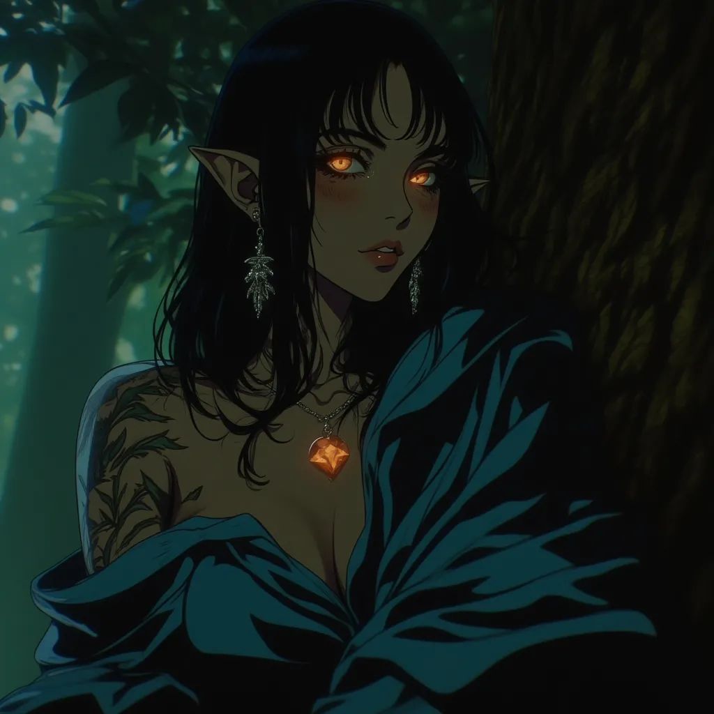 In a shadowy realm, a mesmerizing elven druidess emerges, her glowing amber eyes piercing the gloom. Adorned with delicate vine tattoos and silver leaf earrings, her moss-green wrap hints at mystery and allure. Surrounded by swirling, faintly glowing leaves, she exudes a commanding yet playful aura amidst the darkness.