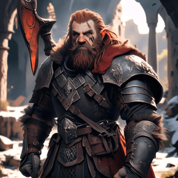 Tornak, a rugged male dwarf hunter, boasts vibrant red hair and a matching beard, complemented by dark skin. Clad in chainmail beneath a brown cloak and hood, he skillfully wields a bow or spear. As an artificer, his intricate goggles and mechanical devices aid him in tracking elusive prey through the forested peaks.