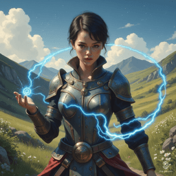 Jouli is a striking middle-aged investigator mage of East Asian descent, standing 5'4" with a slender frame and ample curves concealed beneath intricately embossed leather armor. Her shimmering pale skin glows under the sunlight, and her bright eyes reflect determination as she traces a large blue rune in a defensive stance, surrounded by ancient texts in her library haven.