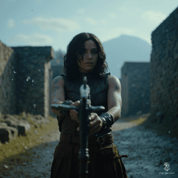Izzy is a newly emancipated halfling assassin, exuding a blend of lethal grace and joyful malice. With medium-toned skin, shimmering green scale patches, and striking blue reptilian eyes, she skillfully loads her heavy crossbow in a snowy, tense atmosphere. Clad in fitted brown leather, her stealth and competency mark her as a formidable hunter.