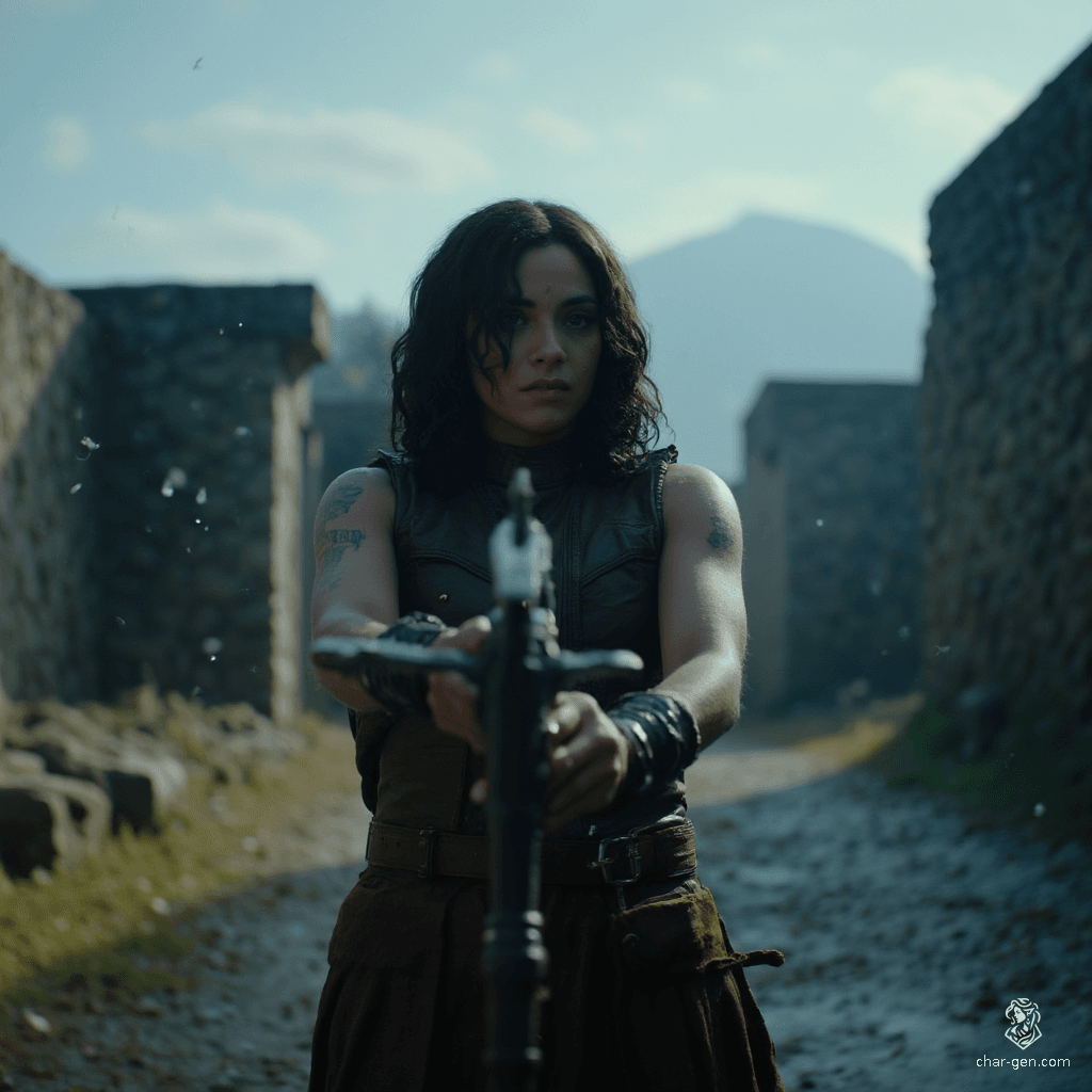 Izzy is a newly emancipated halfling assassin, exuding a blend of lethal grace and joyful malice. With medium-toned skin, shimmering green scale patches, and striking blue reptilian eyes, she skillfully loads her heavy crossbow in a snowy, tense atmosphere. Clad in fitted brown leather, her stealth and competency mark her as a formidable hunter.